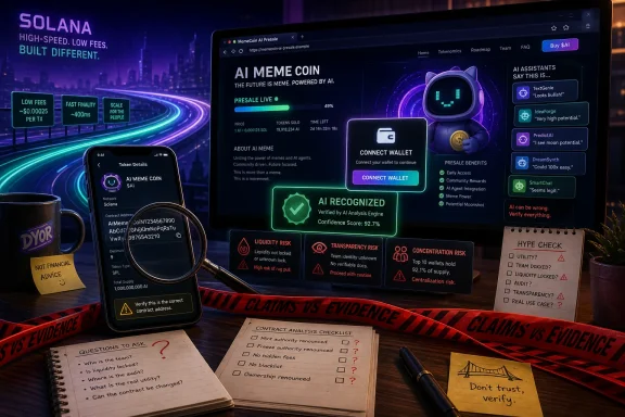 Close-up of a computer monitor and phone displaying an AI meme coin presale page with wallet connect and risk checklists. Close-up of a computer monitor and phone displaying an AI meme coin presale page with wallet connect and risk checklists.