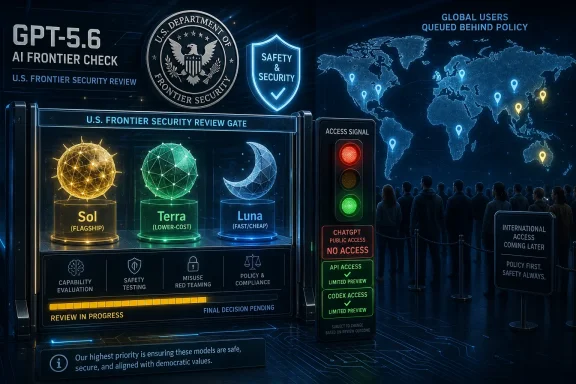 Futuristic U.S. frontier security review gate displays GPT-5.6 models and global access policies.