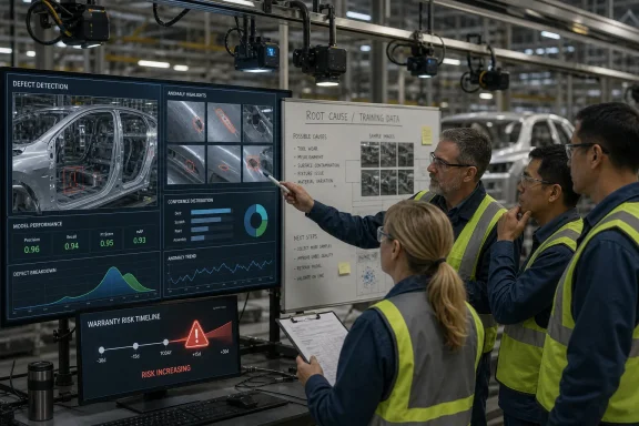 Factory workers in safety vests review an AI defect-detection dashboard and anomaly charts on large monitors. Factory workers in safety vests review an AI defect-detection dashboard and anomaly charts on large monitors.