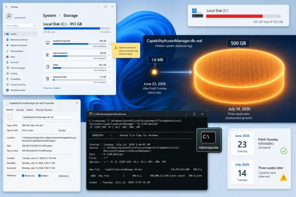 Windows 11 storage and file-copy screens show a large CapabilityAccessManager.db-wal (500GB) with a capacity warning. Windows 11 storage and file-copy screens show a large CapabilityAccessManager.db-wal (500GB) with a capacity warning.