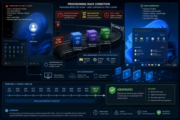Infographic on Windows 11 VDI provisioning race conditions causing first-logon shell crashes and their fix. Infographic on Windows 11 VDI provisioning race conditions causing first-logon shell crashes and their fix.
