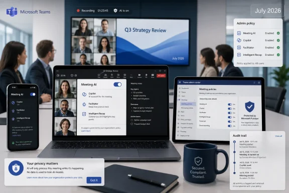 Microsoft Teams admin and meeting AI interfaces appear during a video strategy review with policy and audit panels. Microsoft Teams admin and meeting AI interfaces appear during a video strategy review with policy and audit panels.