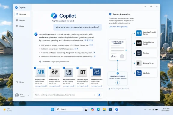 Screenshot of Microsoft Copilot showing Australia economic outlook with source grounding and publisher licensing info. Screenshot of Microsoft Copilot showing Australia economic outlook with source grounding and publisher licensing info.