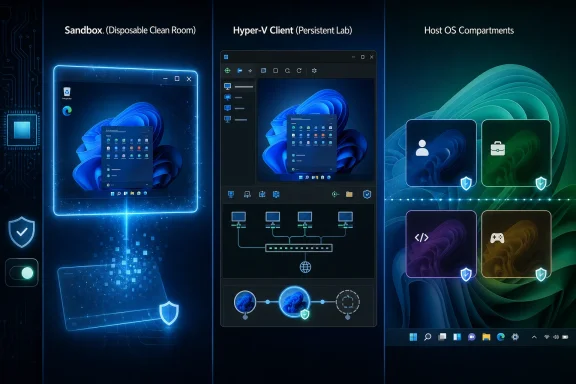 Diagram of Windows virtualization with sandbox, Hyper-V client, and secure host OS compartments. Diagram of Windows virtualization with sandbox, Hyper-V client, and secure host OS compartments.