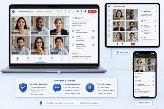 Two devices display an AI-enabled product strategy meeting interface with governance and consent controls. Two devices display an AI-enabled product strategy meeting interface with governance and consent controls.