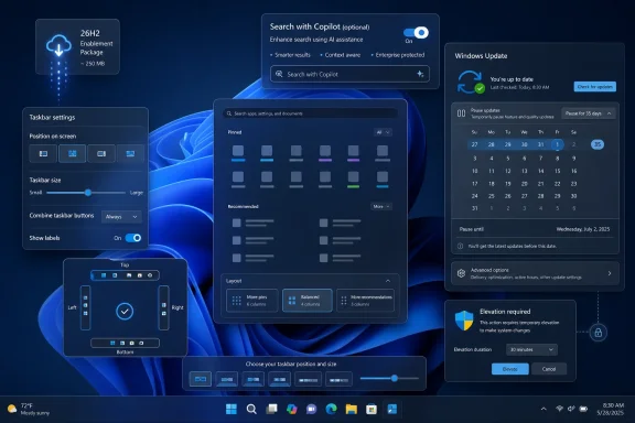 Windows 11 settings screen shows taskbar position, Copilot search, and Windows Update options. Windows 11 settings screen shows taskbar position, Copilot search, and Windows Update options.