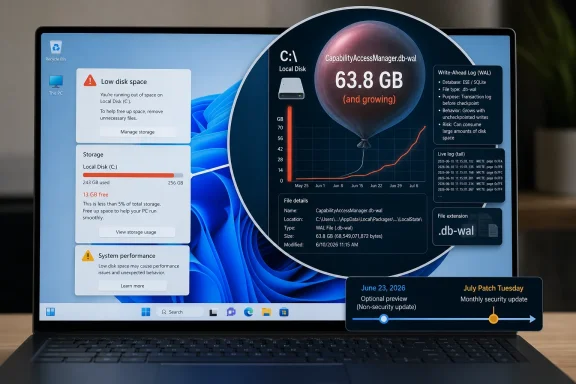 Windows laptop screen shows low disk space warning and a growing WAL file usage chart. Windows laptop screen shows low disk space warning and a growing WAL file usage chart.