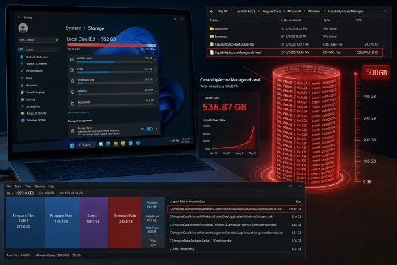 Laptop screen shows Windows storage and a large CapabilityAccessManager “.db-wal” file size of 536.87 GB. Laptop screen shows Windows storage and a large CapabilityAccessManager “.db-wal” file size of 536.87 GB.