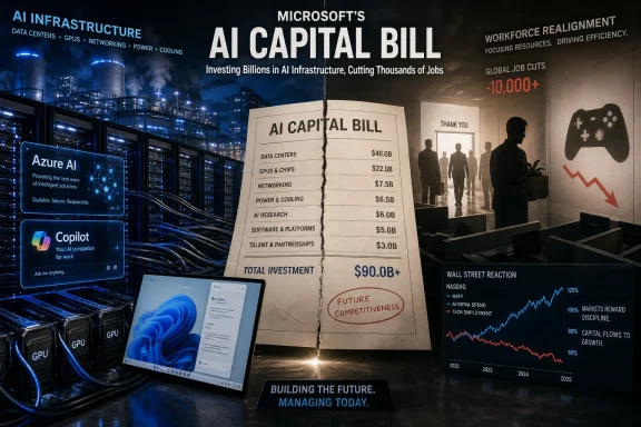 Microsoft AI “capital bill” poster over a server room with charts and job-cut claims.