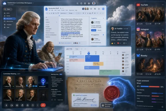 A stylized committee workspace shows drafting a 1776 Declaration of Independence with team notes and timelines.