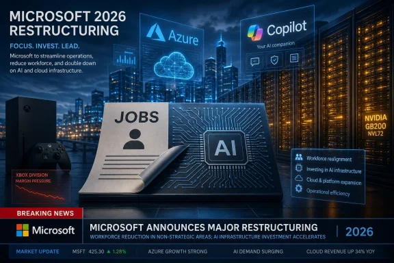 Microsoft 2026 restructuring graphic with Copilot, Azure, AI chips, and workforce investment headlines. Microsoft 2026 restructuring graphic with Copilot, Azure, AI chips, and workforce investment headlines.