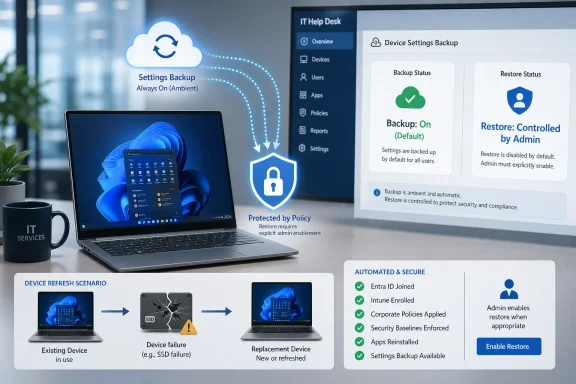 IT services infographic shows secure settings backup and admin-controlled restore for devices in a modern office.