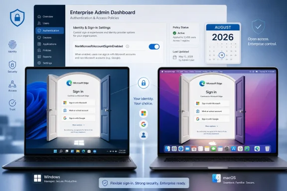 Enterprise admin dashboard with Windows and macOS sign-in screens for authentication and access policies.