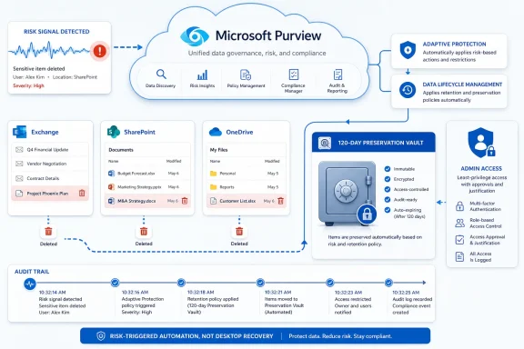 Microsoft Purview risk-detection flow showing adaptive protection, retention vault, and audited admin access. Microsoft Purview risk-detection flow showing adaptive protection, retention vault, and audited admin access.