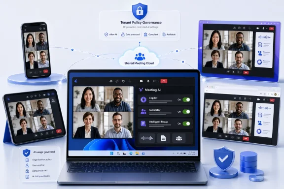 Laptop and tablets show a video meeting cloud with AI governance and security controls.