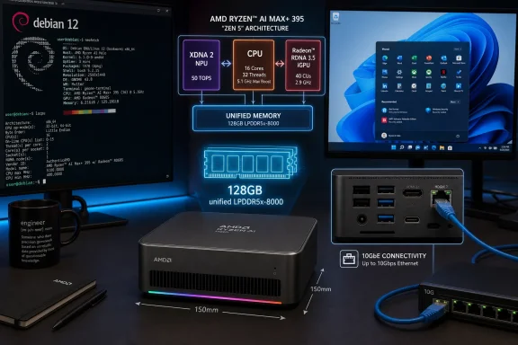 AMD Ryzen AI Max+ 395 system promo showing Debian 12, CPU/XDNA2/RDNA3.5 specs, and 10GbE connectivity. AMD Ryzen AI Max+ 395 system promo showing Debian 12, CPU/XDNA2/RDNA3.5 specs, and 10GbE connectivity.