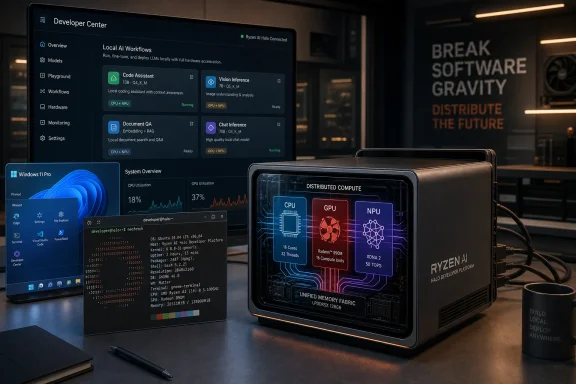 Laptop and Windows terminal show “Developer Center” UI while a Ryze AI hardware unit displays distributed compute CPU/GPU/NPU. Laptop and Windows terminal show “Developer Center” UI while a Ryze AI hardware unit displays distributed compute CPU/GPU/NPU.