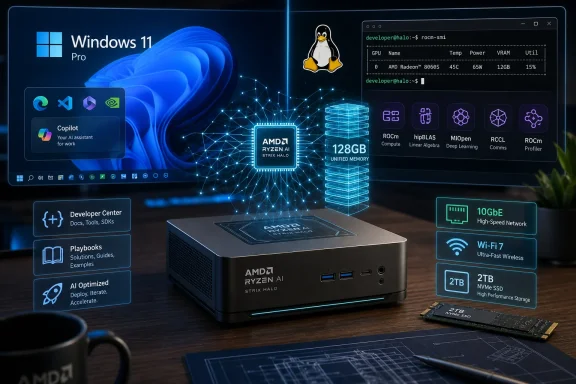 AMD Ryzen AI Strix Halo mini PC concept with Windows 11 Pro UI and GPU/AI tools overlay. AMD Ryzen AI Strix Halo mini PC concept with Windows 11 Pro UI and GPU/AI tools overlay.