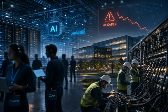 AI technology concept shows engineers monitoring network racks with “AI CAPEX” warning analytics in a futuristic server hall. AI technology concept shows engineers monitoring network racks with “AI CAPEX” warning analytics in a futuristic server hall.