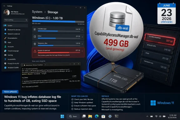 Windows Storage shows huge “System & reserved” from CapabilityAccessManager.db-wal, nearly 500GB on an SSD. Windows Storage shows huge “System & reserved” from CapabilityAccessManager.db-wal, nearly 500GB on an SSD.