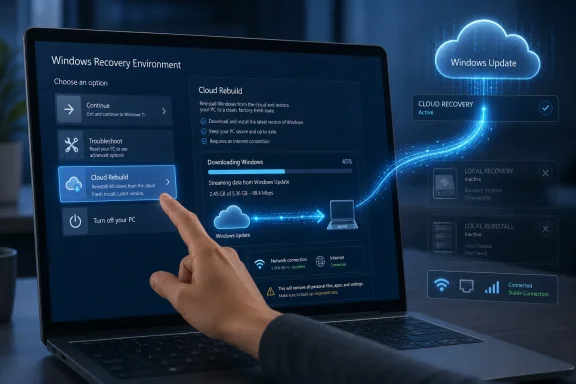 Hand selects “Cloud Rebuild” on a Windows Recovery Environment screen with cloud update progress.