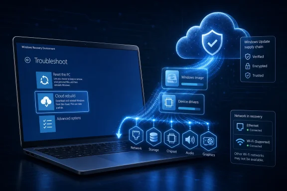 Futuristic Windows recovery screen on a laptop with cloud security, update supply chain, and network icons.