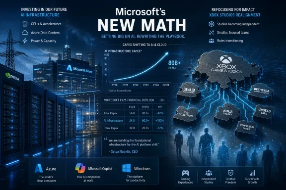 Microsoft “New Math” infographic showing AI infrastructure growth and Xbox studios reorganization with chart and server imagery.