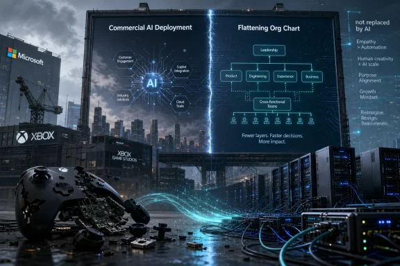 Billboard-sized AI org-chart over a city skyline with servers and an Xbox controller in the foreground.