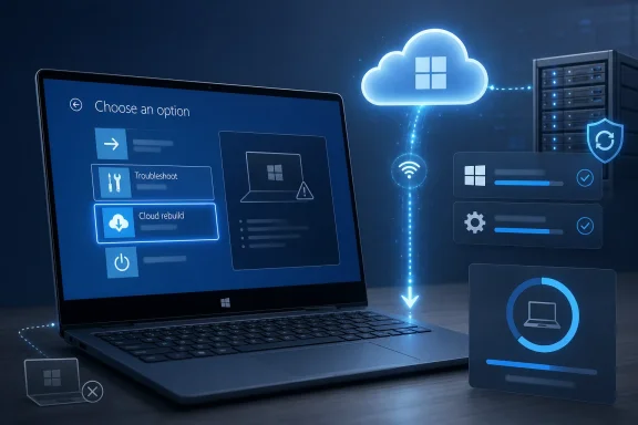 Laptop screen shows cloud and Windows repair options, with secure server icons and network signal graphics.