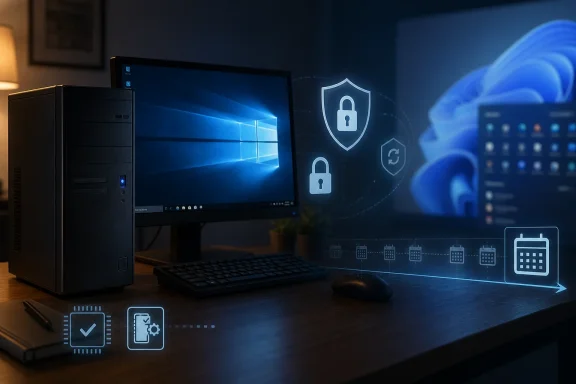 Security-themed office setup with locked icons and shield visuals over a computer and server.