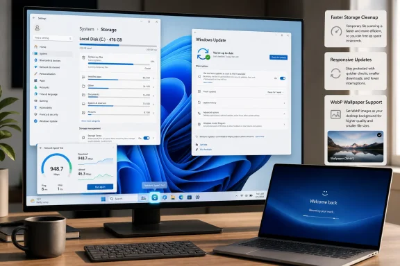 Windows 11 screens show Storage cleanup, Windows Update, and network speed test on a desktop. Windows 11 screens show Storage cleanup, Windows Update, and network speed test on a desktop.