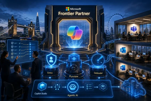 Futuristic Microsoft “Frontier Partner” tech hub with AI, security icons, and a city skyline at dusk. Futuristic Microsoft “Frontier Partner” tech hub with AI, security icons, and a city skyline at dusk.