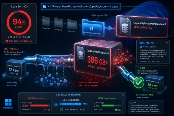 Illustration shows Windows 11 KB5095093 fixing runaway growth of CapabilityAccessManager.db-wal, reducing disk usage.