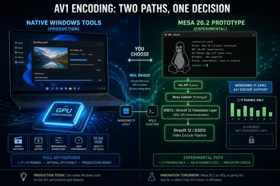 Infographic showing AV1 encoding paths comparing Windows tools vs Mesa 26.2 on WSL with GPU pipeline support.
