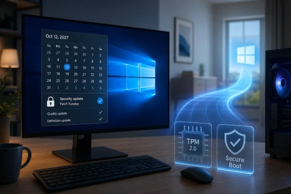 Office desk with monitors showing Windows update calendar and security features like TPM 2.0 and Secure Boot. Office desk with monitors showing Windows update calendar and security features like TPM 2.0 and Secure Boot.