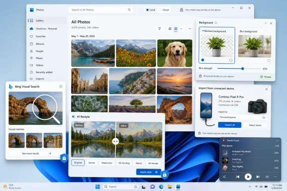 Screenshot of Windows Photos app with background removal and AI styling for a photo gallery. Screenshot of Windows Photos app with background removal and AI styling for a photo gallery.