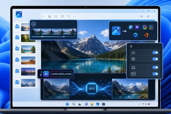 AI image enhancement interface displayed on a Windows laptop over a mountain lake landscape.