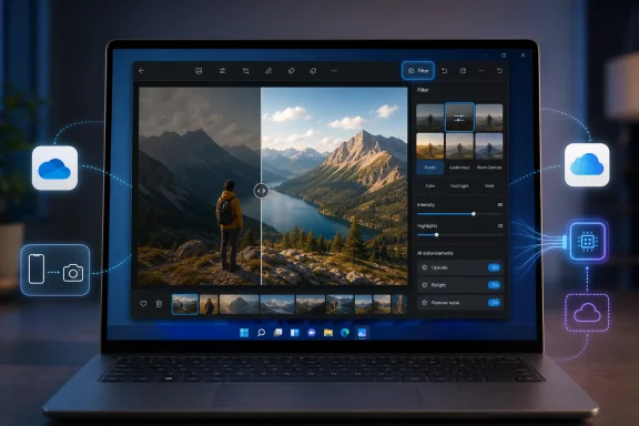 Laptop screen shows photo editing with filters, AI enhancements, and scenic landscape preview.