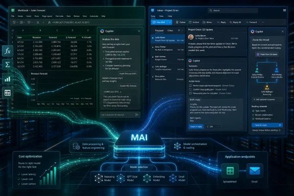 AI dashboard shows sales forecasting spreadsheets and email routing with a central “M Ai” core on a neon network background. AI dashboard shows sales forecasting spreadsheets and email routing with a central “M Ai” core on a neon network background.
