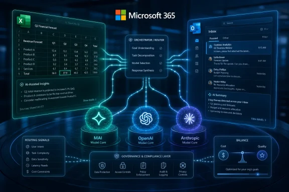 Microsoft 365 AI orchestration dashboard with Excel forecasts, inbox automation, and routed model cores.