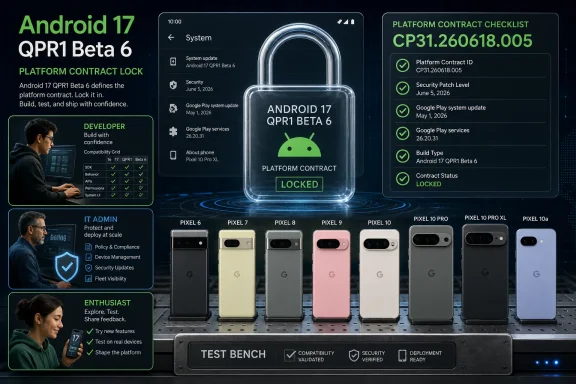 Futuristic tech poster showing Android 17 QPR1 Beta 6 platform contract lock and device test bench. Futuristic tech poster showing Android 17 QPR1 Beta 6 platform contract lock and device test bench.