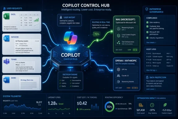Dashboard illustration of Microsoft Copilot Control Hub showing real-time routing, AI engines, and enterprise governance analytics.