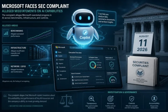 A futuristic “Copilot” infographic beside an SEC complaint calendar for Microsoft AI capability allegations. A futuristic “Copilot” infographic beside an SEC complaint calendar for Microsoft AI capability allegations.
