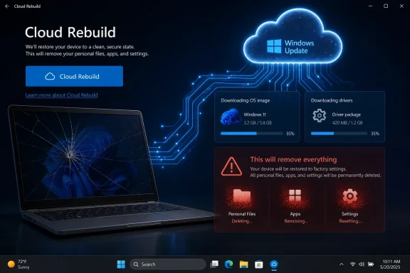 Windows “Cloud Rebuild” screen shows restoring a laptop with OS/drivers download progress and factory reset warning.