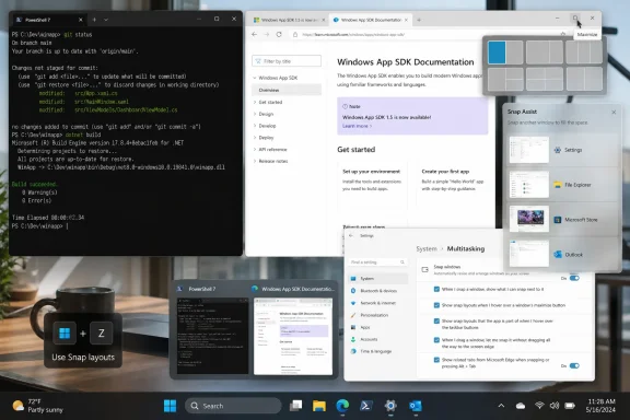 Screenshot of Windows app SDK docs with PowerShell and Snap Assist overlays on a desktop. Screenshot of Windows app SDK docs with PowerShell and Snap Assist overlays on a desktop.