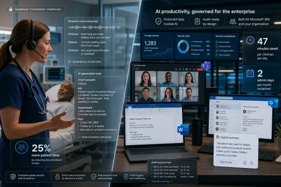 Healthcare clinician uses AI to generate notes, with security/compliance analytics displayed on screen. Healthcare clinician uses AI to generate notes, with security/compliance analytics displayed on screen.