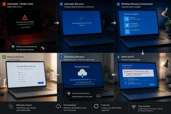 Collage of Windows recovery screens showing boot failure, recovery options, and resetting/reinstalling Windows.