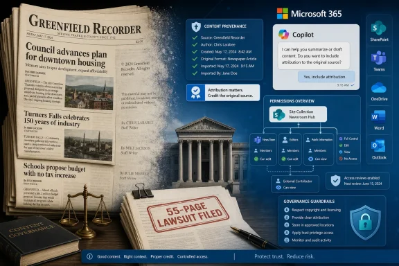 Digital Microsoft 365 content provenance dashboard over a newspaper, with a “55-page lawsuit filed” document.