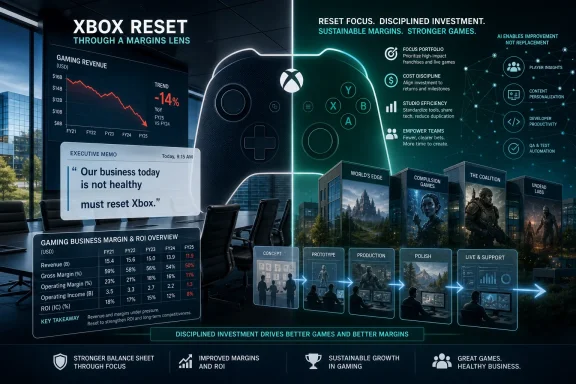Infographic presents an Xbox business reset focused on disciplined investment, healthier margins, and stronger games.