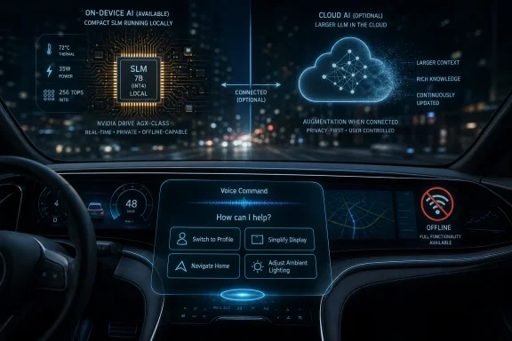 Futuristic car cockpit showing voice-controlled AI, offline functionality, and optional cloud connectivity. Futuristic car cockpit showing voice-controlled AI, offline functionality, and optional cloud connectivity.